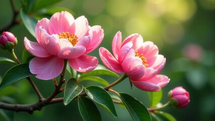 Obraz premium Delicate pink blossoms bathed in sunlight, showcasing vibrant petals and lush green foliage, a serene springtime scene