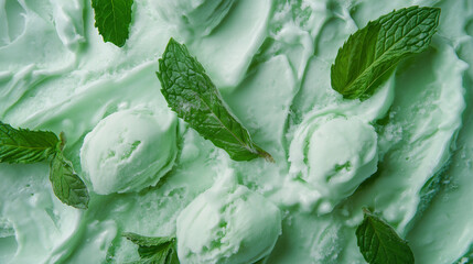 Mint ice cream with fresh mint in light green color. 