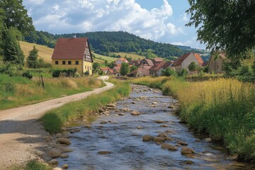 Small countryside stream flowing through village with hills and meadows