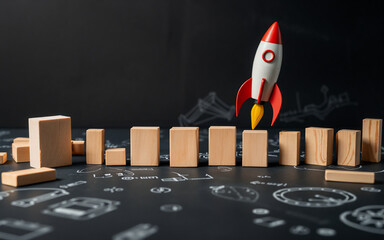 A toy rocket launching from wooden blocks on a dark surface with white drawings.  A concept of startup, innovation, and taking off for new ventures.