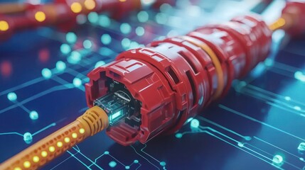 Red cable connects to circuit board amidst abstract glowing lines