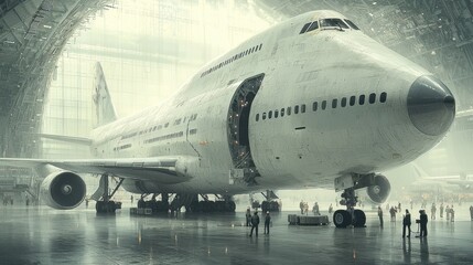 Obraz premium Large Vintage Aircraft Inside Industrial Hangar with People Present