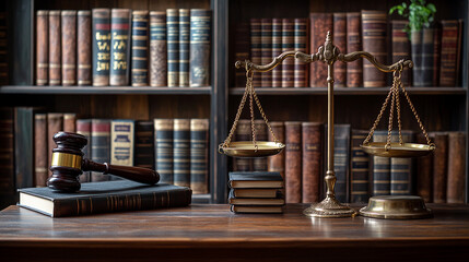 Scales of justice and judge&rsquo;s gavel on a wooden desk with law books in a traditional legal library.
