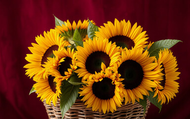 Bright yellow sunflowers with dark centers are arranged in a woven basket against a deep red backdrop.  The flowers are in full bloom and vibrant.