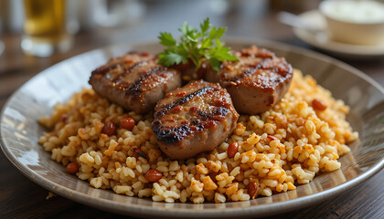 Obraz premium Istanbul Kebab Biryani – Layers of rice with grilled lamb kebab and smoked paprika. 