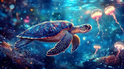 Obraz premium Luminous Sea Turtle swims past bioluminescent jellyfish