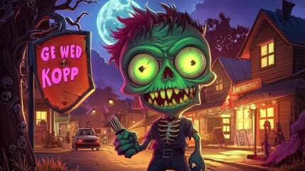 Obraz premium A Spooky Cartoony Zombie Pirate with Gun Stands on a Haunted Street Under the Full Moon in a Halloween Setting