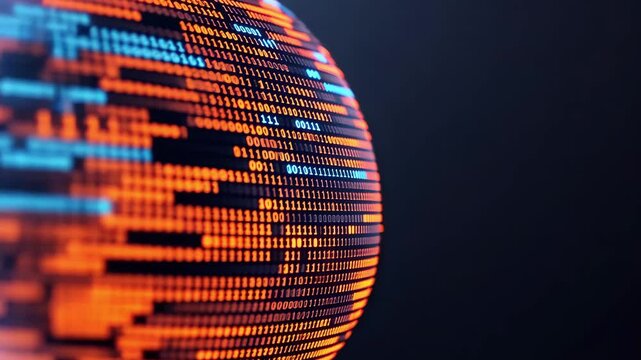 Digital globe visualization with binary code in vibrant orange hues, showcasing technology, data, and connectivity in futuristic world.