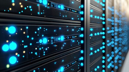 Rows of server racks with blinking blue lights in a data center environment