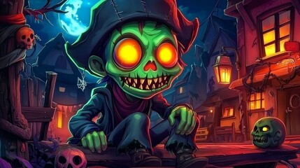Obraz premium Discover the Spooky Enchantment of a Cartoon Zombie Pirate Roaming the Fantasy Streets of Halloween Town Under a Full Moon