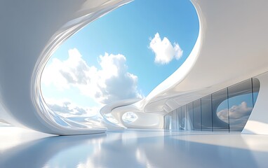 3D render of white, curved futuristic architecture, interior view, blue sky with clouds in the background, wide-angle shot, 