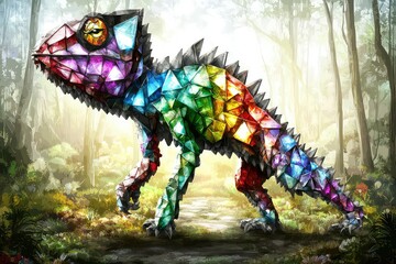 Colorful geometric chameleon in forest setting