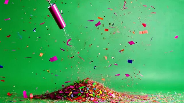 dynamic explosion of confetti party poppers on a vivid green