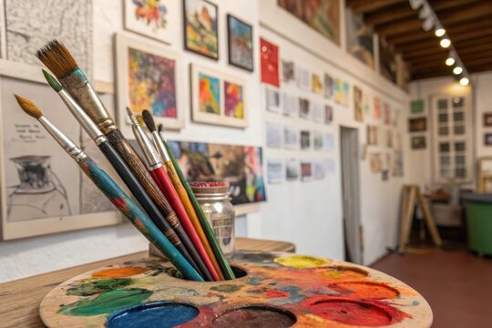 "A dynamic scene with paintbrushes dipped in various colors, resting on an artist's palette filled with bright strokes. The background is filled with art prints and sketches pinned to the walls."