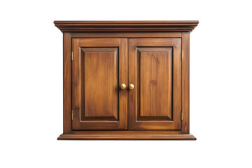 A wooden cabinet with two doors and round handles against a transparent background in a studio shot