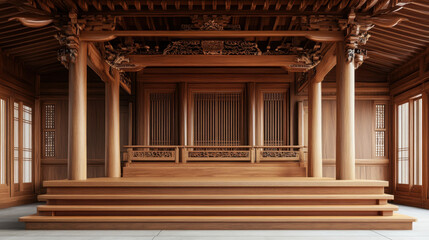 Obraz premium beautifully crafted wooden podium stands in serene space, showcasing intricate woodwork and elegant design. warm tones of wood create welcoming atmosphere perfect for presentations