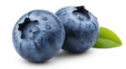 Two Fresh Blueberries with Water Droplets and Green Leaf Isolated