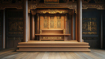 Fototapeta premium beautifully crafted wooden podium stands prominently traditional setting, showcasing intricate carvings and rich textures that highlight artistry of woodwork. warm tones of wood create inviting