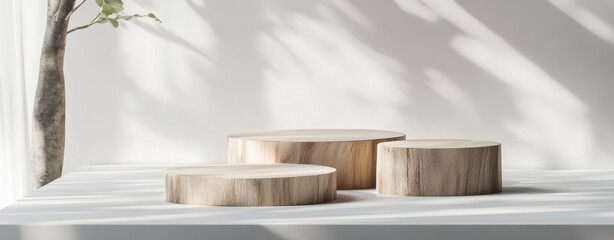 Natural wood podiums create serene display on minimalist table, enhancing beauty of space with their organic shapes and textures. soft shadows add depth and warmth