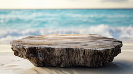 rustic wood podium rests on sandy beach, beautifully showcasing its natural texture against serene backdrop of ocean waves. This product is perfect for outdoor events or displays