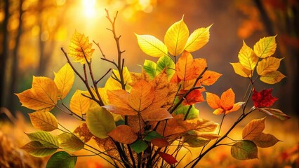 Fototapeta premium Autumnal foliage arrangement showcasing vibrant fall colors, bathed in sunlight, exhibiting diverse leaf shapes and textures, creating a picturesque scene of autumnal splendor.