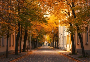 Autumn Street Scene Fall Foliage Lined Roadway with Buildings, Golden Leaves and Sunlight.