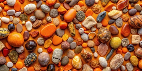 Obraz premium A Collection of Smooth, Polished Stones in Warm Autumnal Hues on a Vibrant Orange Background