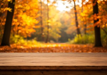 Autumn Forest Backdrop with Wooden Table - Fall Season Scenery, Golden Foliage, Blurred Background.