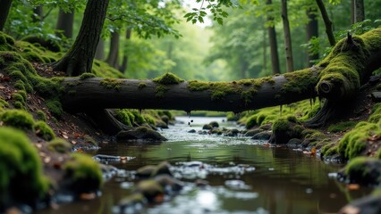 Mossy forest stream with fallen tree bridge and lush green vegetation	