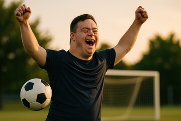Joyful soccer player celebrating outdoors.
