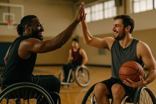 Wheelchair basketball players celebrating success.