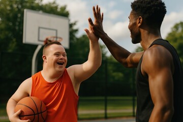 Joyful basketball players high-five.