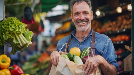 Smiling street vendor at a small farm market, packing fresh, organic fruits and vegetables into a recycled paper bag for a customer.

