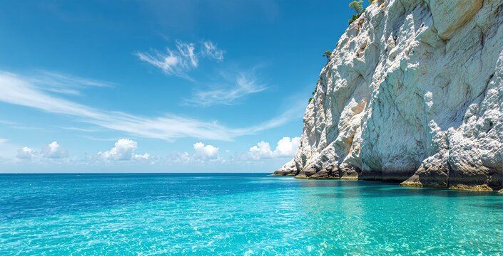 Crystal-clear turquoise sea with white rocky cliff under bright blue sky and soft clouds, natural scenic background for summer travel and ocean trip concept. Ai generative