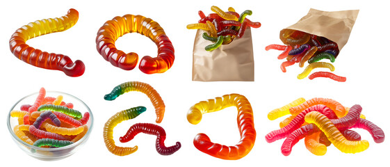 Gummy gummies jelly worm chewy sweet candy candies, many angles view, paper brown bag, falling drop, cluster pile stack on transparent cutout PNG. Mockup template for design