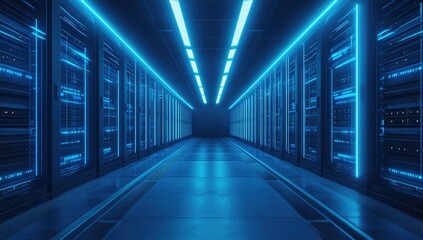 Futuristic server room corridor illuminated by blue neon lights