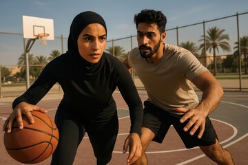 Intense outdoor basketball game.
