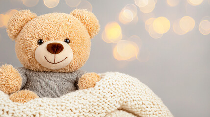 Charming Teddy Bear Wrapped in a Cozy Knit Blanket against Soft Bokeh Lights for Festive Season