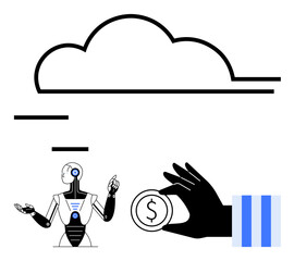 Robot under a cloud pointing confidently, a hand holding coin, horizontal blue-striped sleeve detail. Ideal for AI integration, funding, innovation, cloud services, technology economy, automation