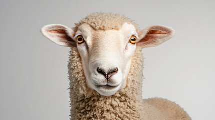 Obraz premium Close Up Portrait of a Domesticated Farm Animal Sheep with Cream Colored Fleece and Alert Eyes Staring