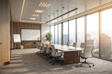 Fototapeta premium Office Meeting Room Blur - Soft-focus background featuring an office meeting room setup - generated by ai