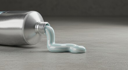 Silver Toothpaste Tube Oozing Teal Paste on Grey Concrete