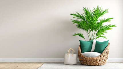 Indoor Home Scene with Wicker Chair Palm Plant and Beach Bag for Relaxation and Interior Design