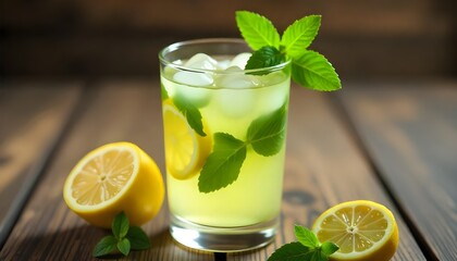A refreshing glass of lemonade with ice cubes, fresh mint leaves, and lemon slices, perfect for summer vibes