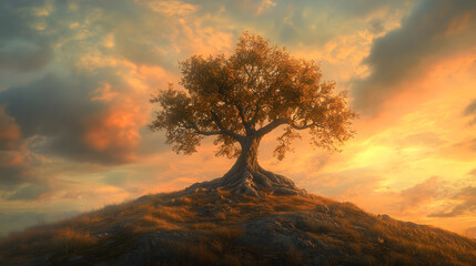 Timeless Wisdom: The Ancient Tree's Enlightenment Under the Twilight Sky