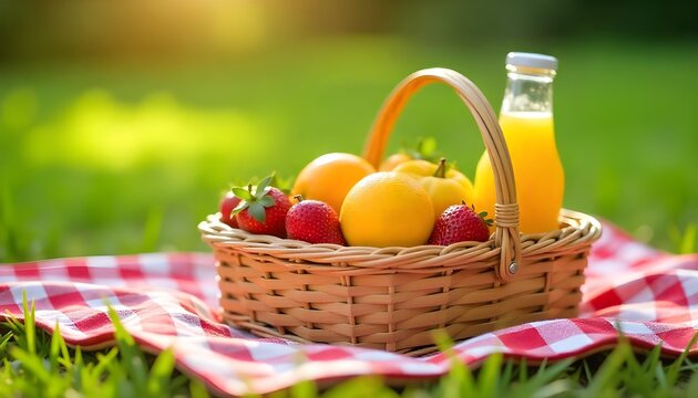 A picnic basket filled with fresh fruits, sandwiches, and a cold bottle of juice, placed on a checkered picnic blanket in the grass, perfect for summer food - Powered by Adobe