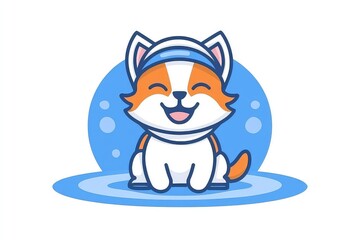 Cute cartoon cat with a blue hat smiling