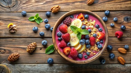 Vibrant Berry Smoothie Bowl with Fresh Fruit and Granola, a Delicious and Healthy Breakfast or Snack Option