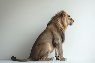 Obraz premium Side profile of lion seated against white background. Useful for an animal photo or print