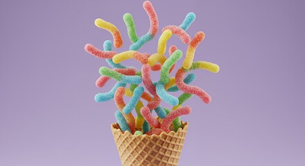 Luminous Multicolored Gummy Worms in Waffle Cone
